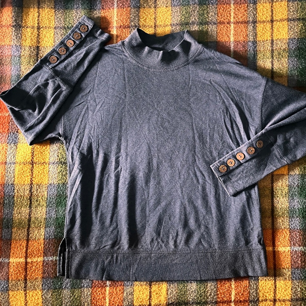 Cleo Blue Mock Neck Sweatshirt with Buttoned Cuffs — Size XS